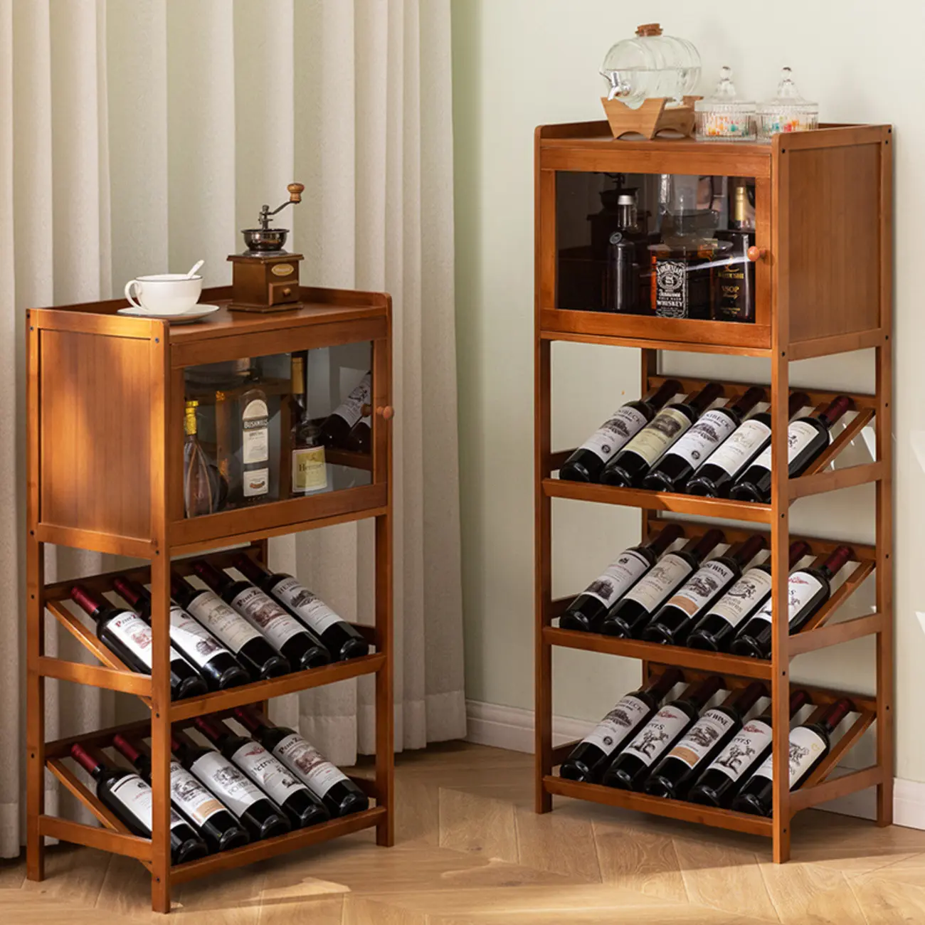 Rustic Freestanding Natural Wooden Wine Rack Cabinet