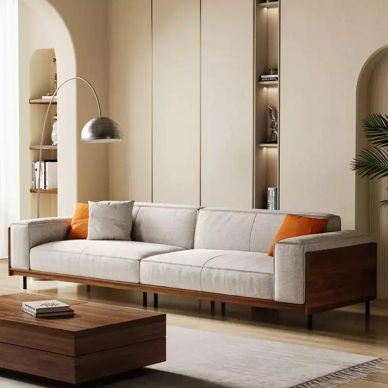 111.81 Extra-Long Solid Wood Mid-Century Light Gray Sofa, 4-Seater Cotton-Linen Couch with Walnut Accents & Washable Covers Gaoyangjiaju