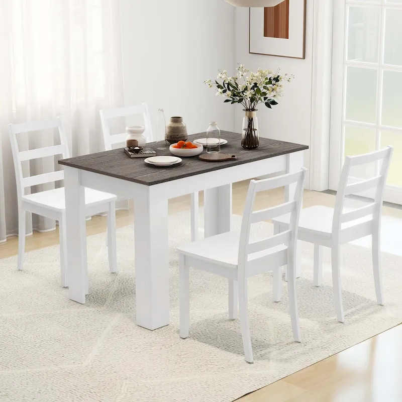 Costway 5 PCS Dining Set Modern Rectangle Table & 4 Rubber Wood Chairs