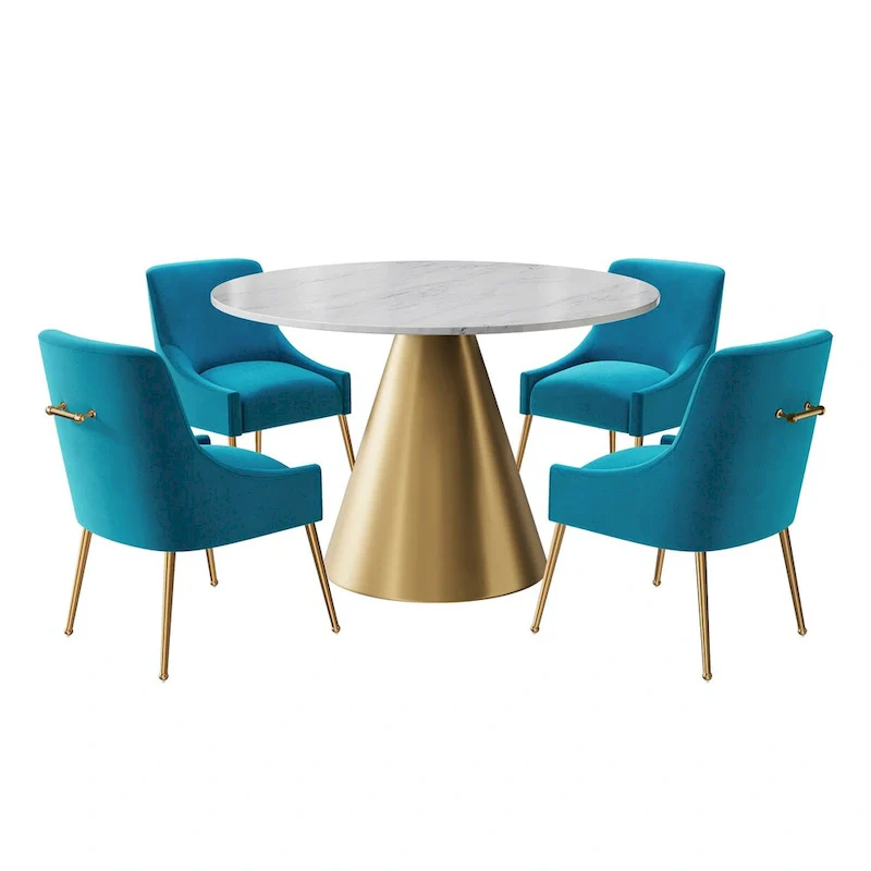 48 Marble Top Metal Dining Table with Velvet Dining Chair Set