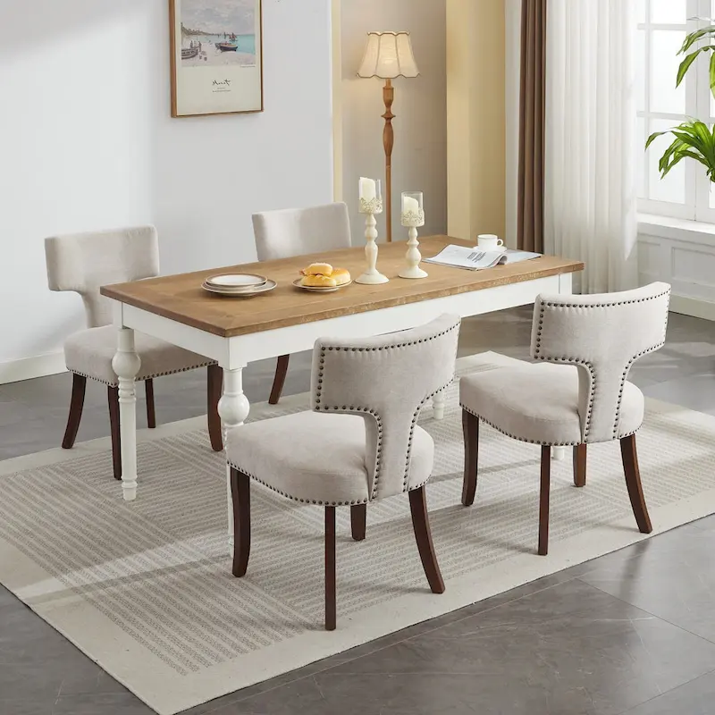 Modern Dining Chairs Set of 2, Linen Fabric Upholstered Accent Chair Curved Backrest Kitchen Chairs with Rubberwood Frame