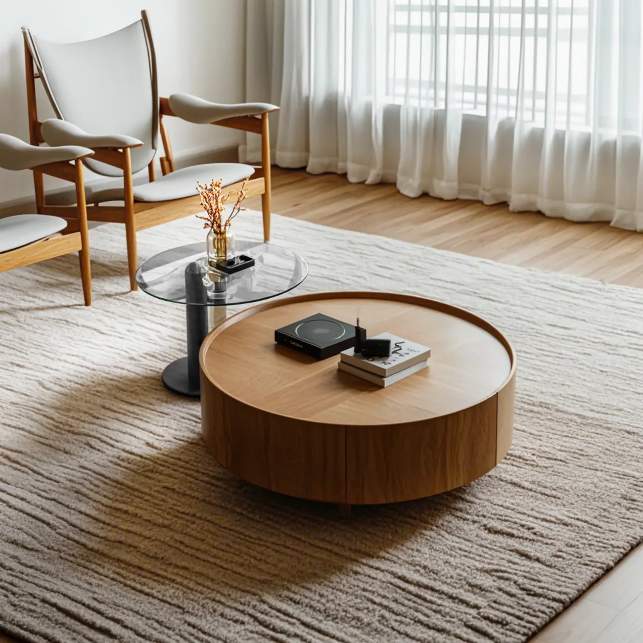 Modern Two-Part Glass Wood Round Coffee Table