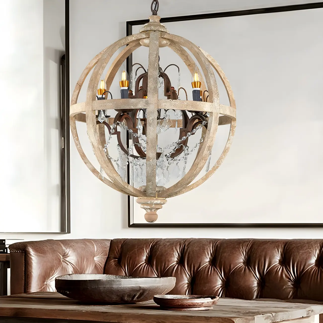 Traditional Vintage Crystal Wood Orb Chandelier