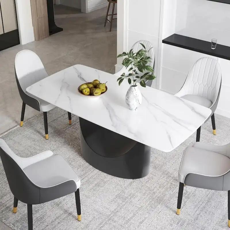 71 Black Marble Sintered Stone Table Top,Rectangle Dining Room Table with Unique U-Shape Black Carbon Steel Pedestal