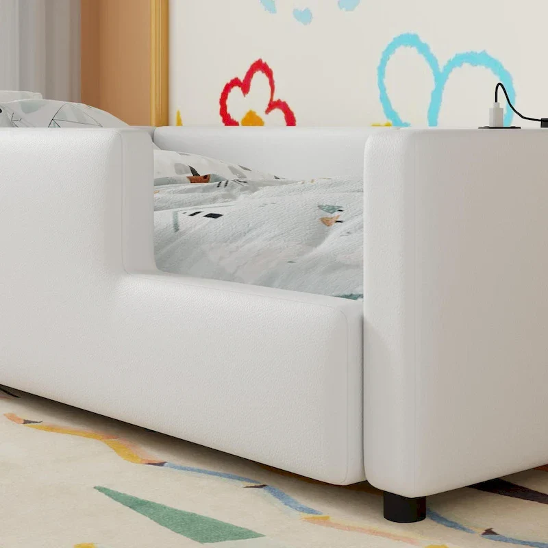 Twin Upholstered Bed with Guardrail & Charging Station