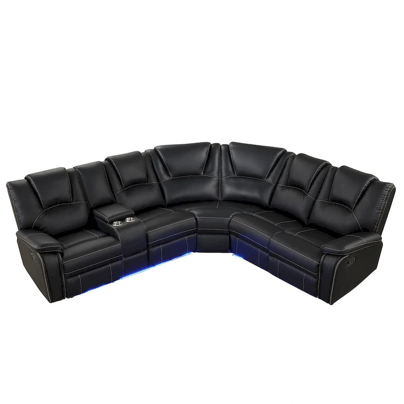 Modern Faux Leather Manual Reclining with Center Console with LED Light Strip,Living Room Furniture Set,PU Symmetrical Couch