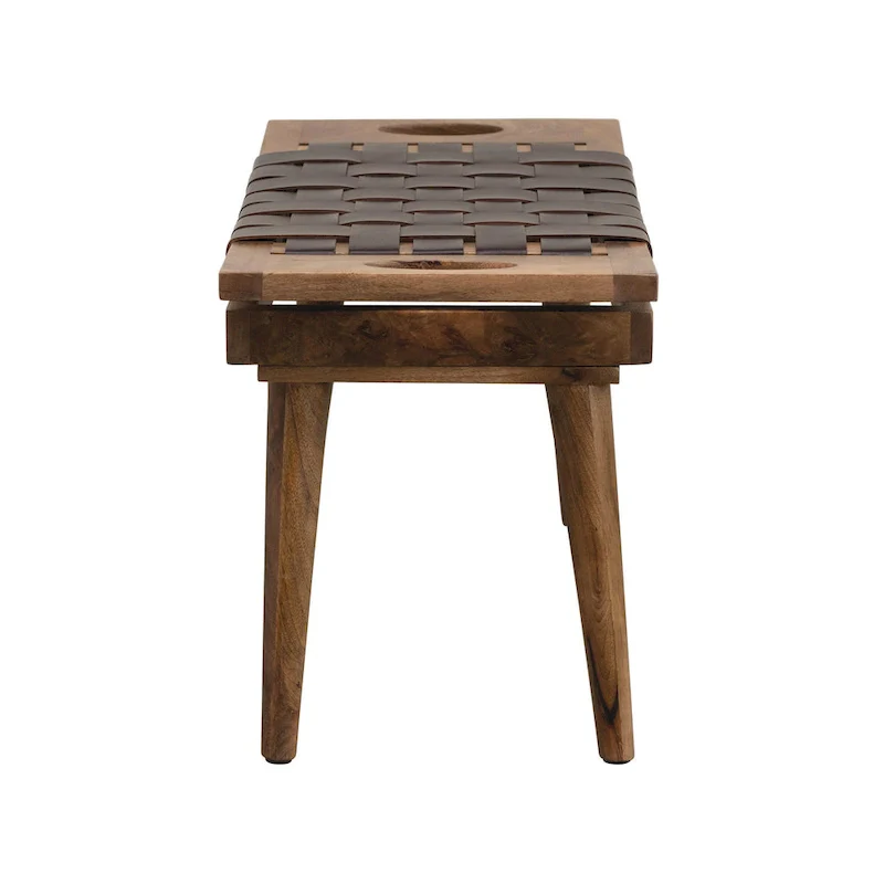Mango Wood Stool with Woven Leather Top – Brown / Black & Natural, Single Seat