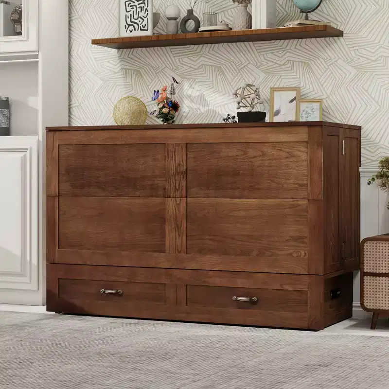 Keloyid Haimyy Solid Wood Frame Queen Murphy Bed Chest with Built-in Charger and Strong Drawer
