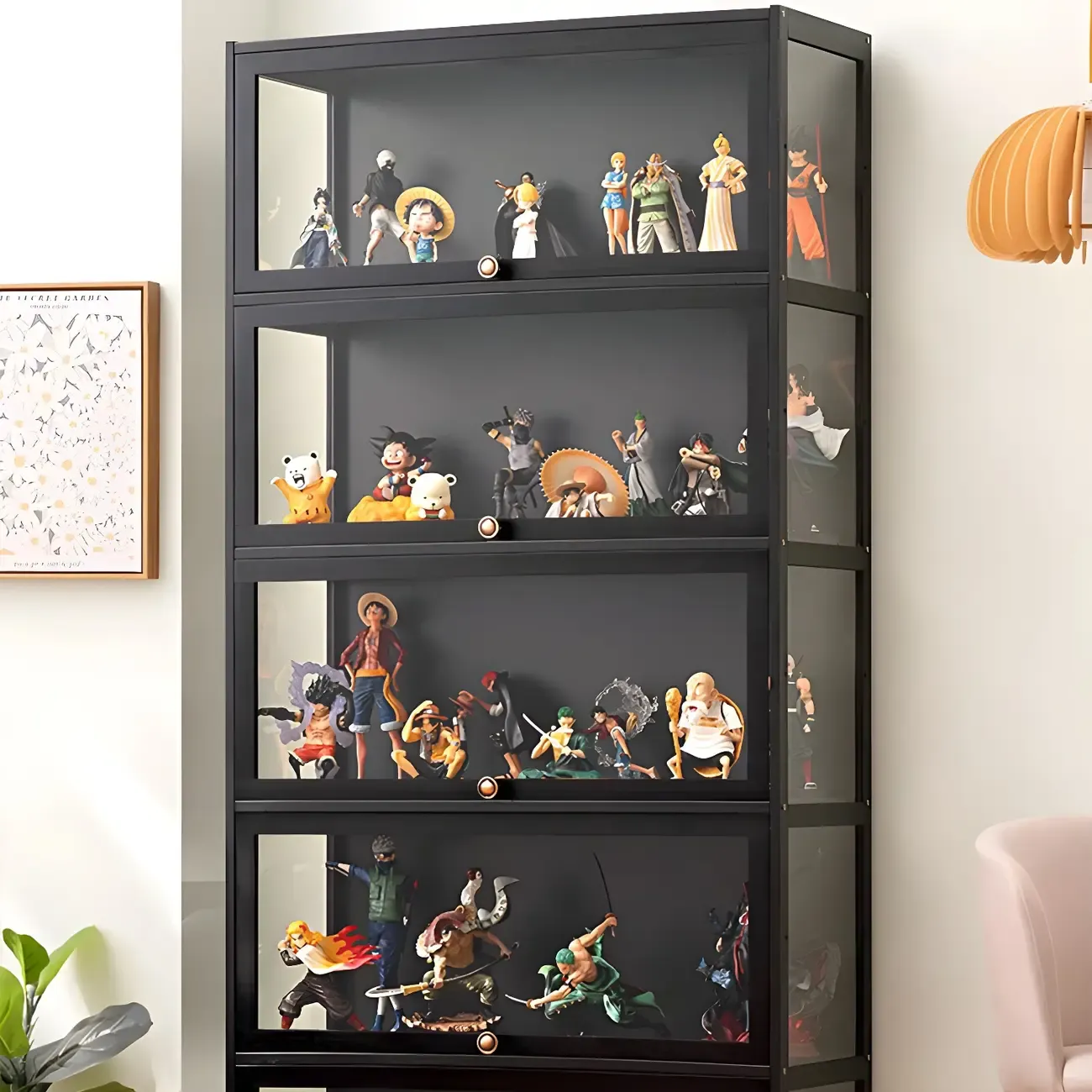 Rectangular Black Bamboo Wood Display Cabinet with Doors