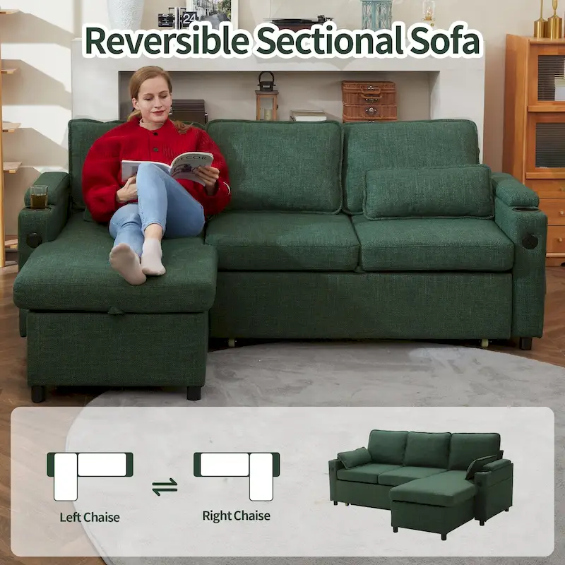 80 L-Shaped Sofa Couch Bed, Sofa Sleeper with Pull Out Bed, Reversible Sleeper Sofa Bed