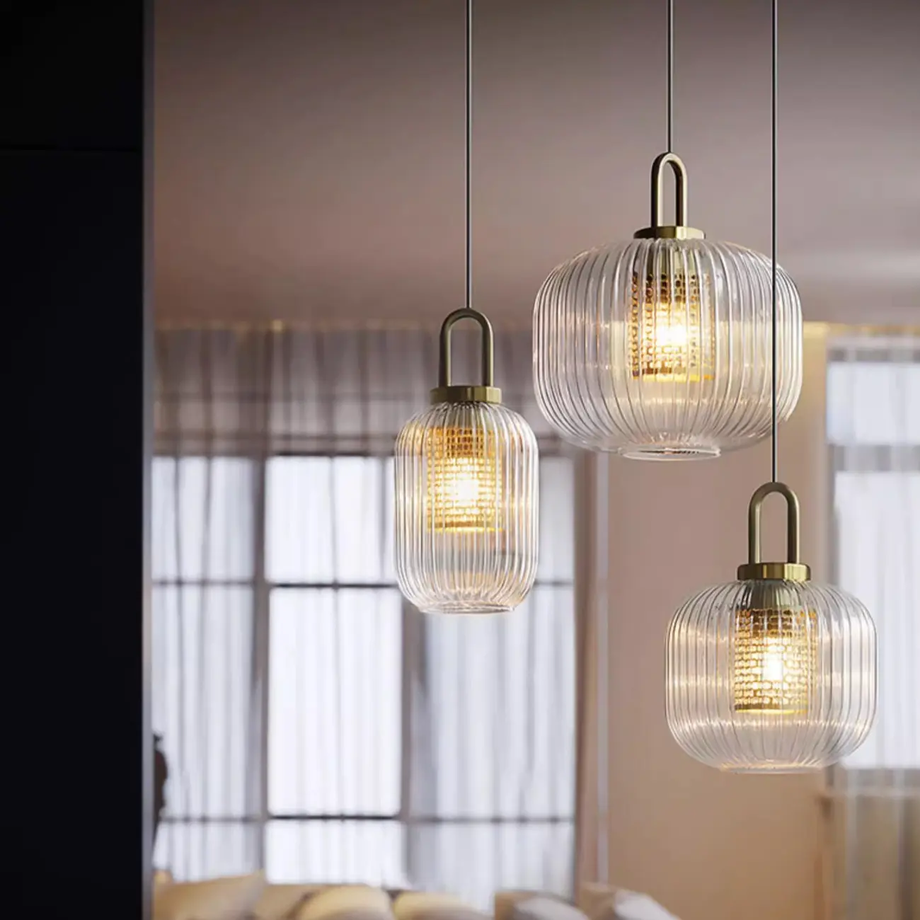 Gold Metal Ribbed Clear Glass Kitchen Pendant Light