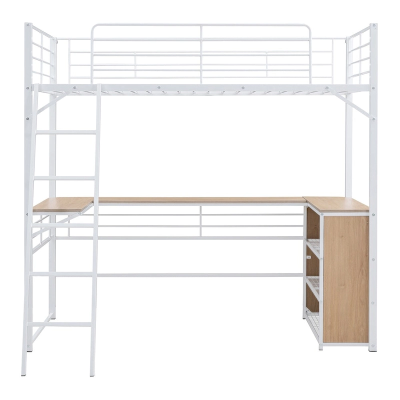 Metal Loft Bed with L-shaped Desk and 3 Layers of Shelves, Reversible Ladder