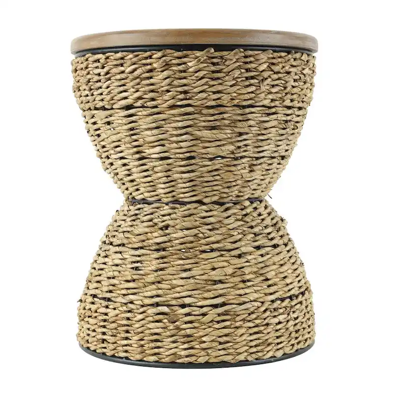 Rattan Handmade Woven Side End Accent Table with Wood Tabletop and Black Frame - Light Brown or Brown