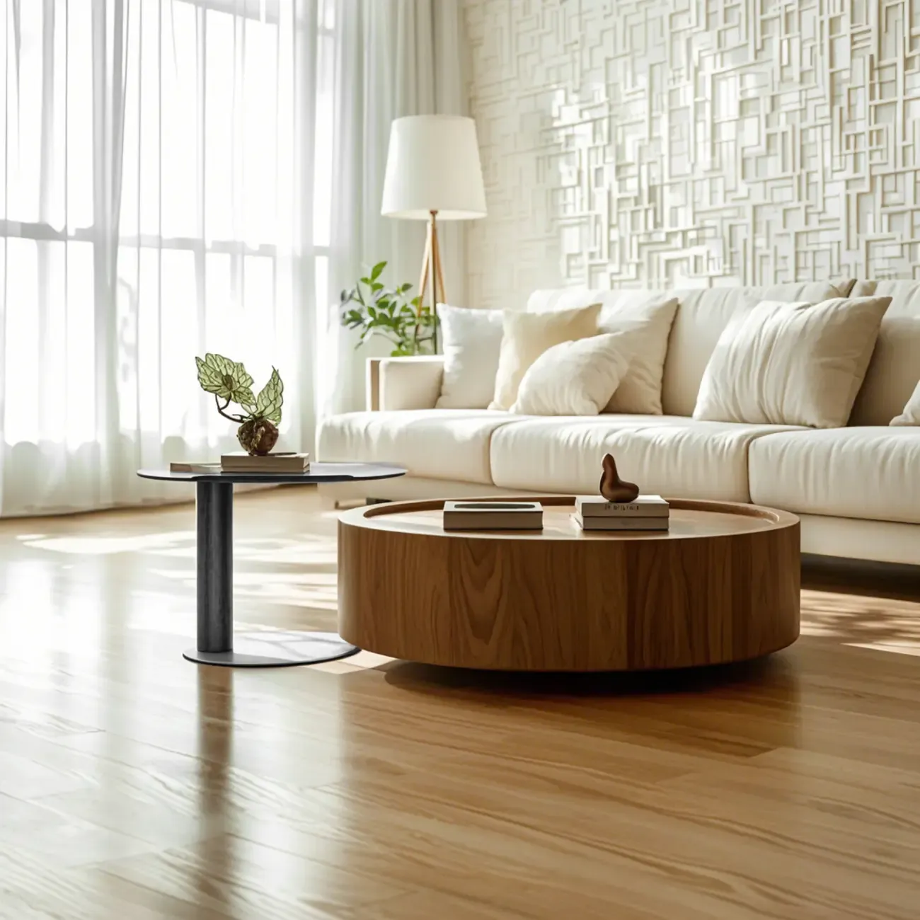 Modern Two-Part Glass Wood Round Coffee Table