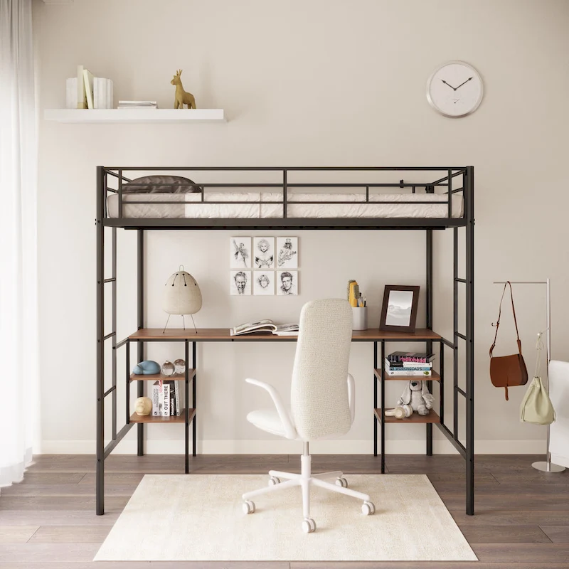 Twin Size Metal Loft Bed with Table, Shelves, and Guardrail