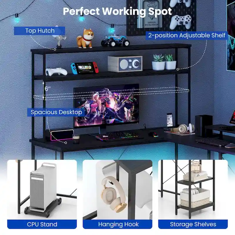 Costway L-Shaped Gaming Desk with LED Strip & Power Outlets Hutch - See Details