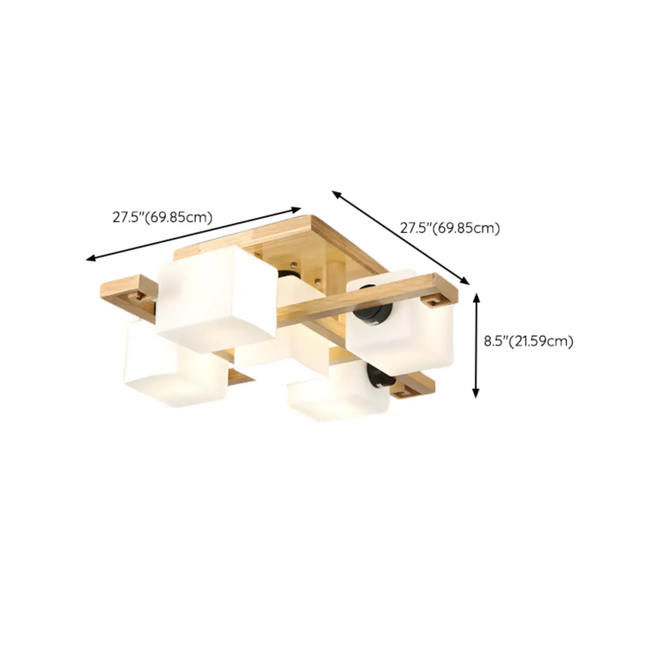 8.5 Height Square Glass Natural Wood Semi Flush Ceiling Light