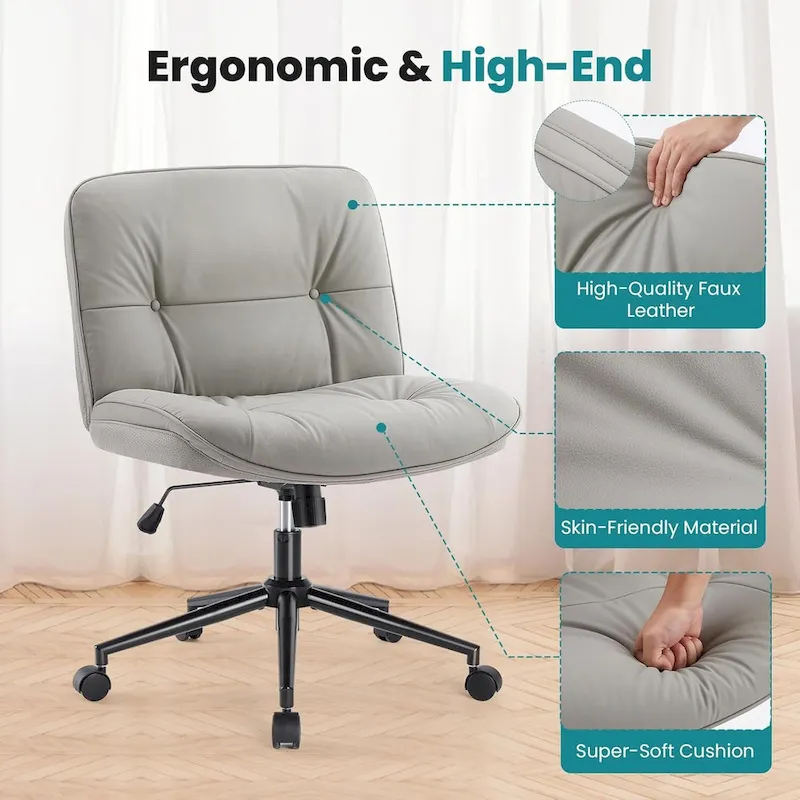 Criss Cross Chair with Wheels, Legged Home Office PU Leather Wide Armless Desk Seat, Rolling Ergonomic Comfy Vanity Seating