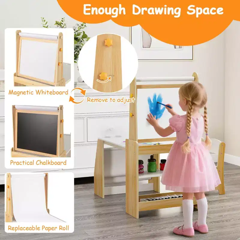 Costway Kids Art Table and Chair Set with Easel & Chair Whiteboard & Chalkboard Paper Roll