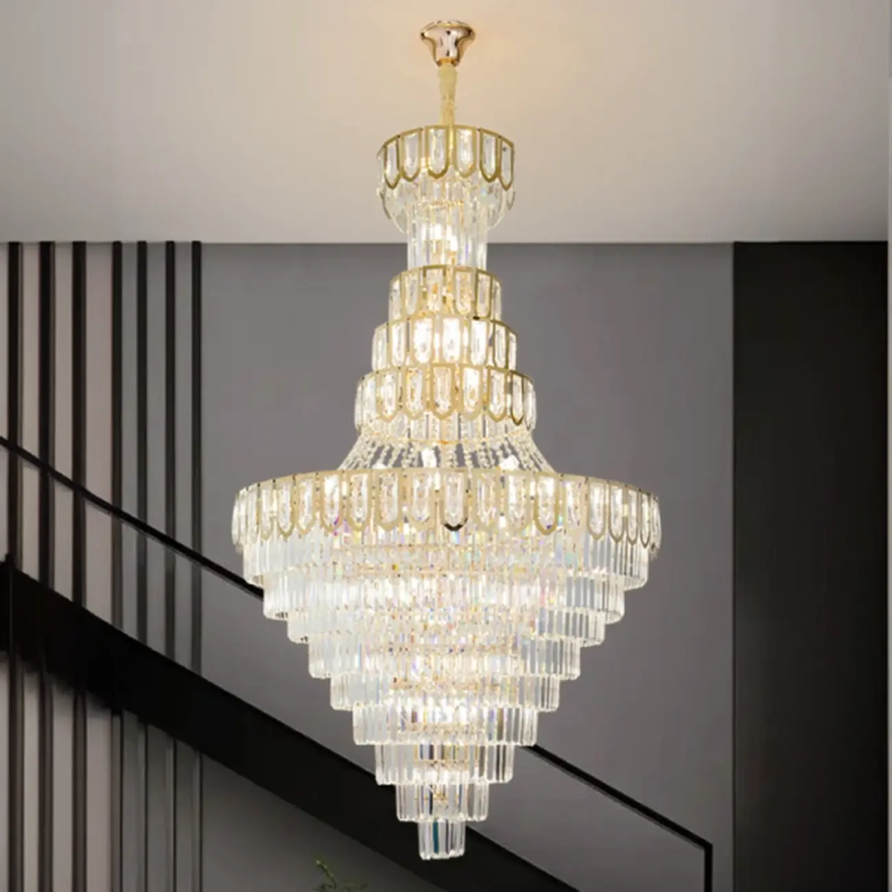 Luxury Adjustable Gold Tiered Crystal High Ceiling Chandelier