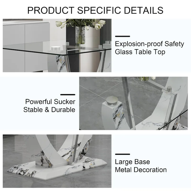 Modern Tempered Glass Dining Table Set with U-shaped Marble Pattern Base and PU Upholstered Chairs