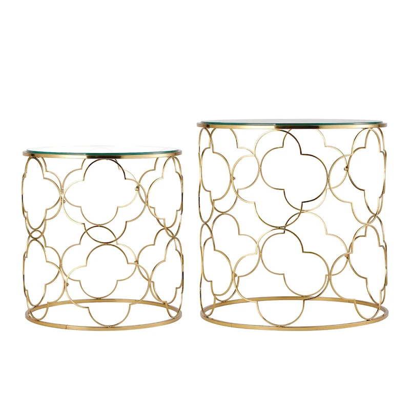 Coffee Table Set of 2 with Glass Top and Metal Wire, Round Side End Table