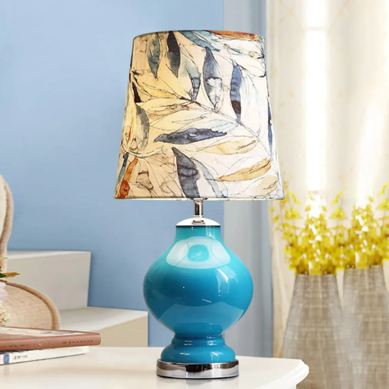 Blue Glass Table Lamp with Leaf Fabric Shade