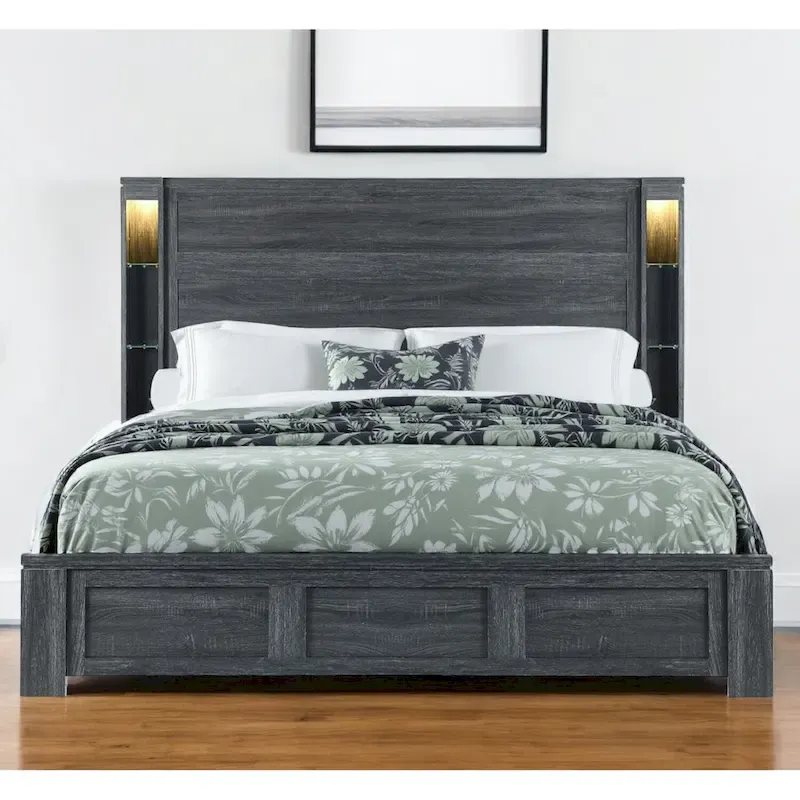 Dark Gray Distressed Wood Lighted King Bed Frame