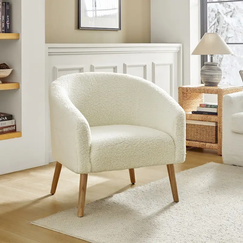 Modern 31W Boucle Armchair with Solid Wood Legs