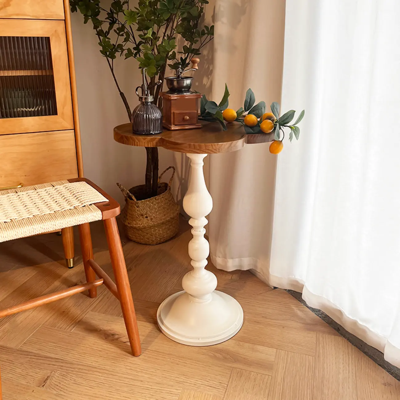 Classic Brown-White Wood Round Pedestal Chairside Table