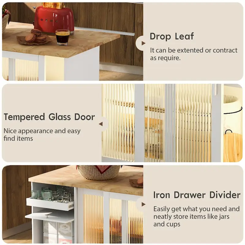 44 in. W Kitchen Island Rubber Wood Drop-Leaf Countertop on 5 Wheels with an Adjustable Shelf and 2 Drawers - 44