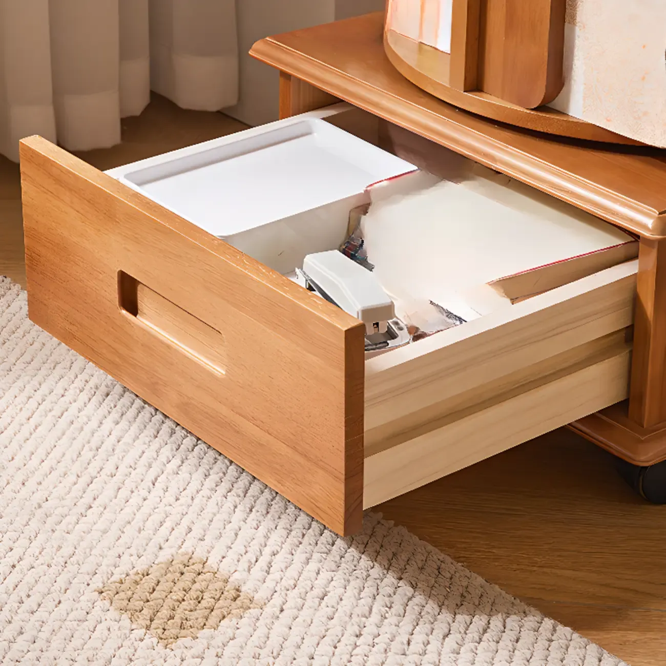 Narrow Rotating Cherry Wood Vertical Bookcase With Drawer