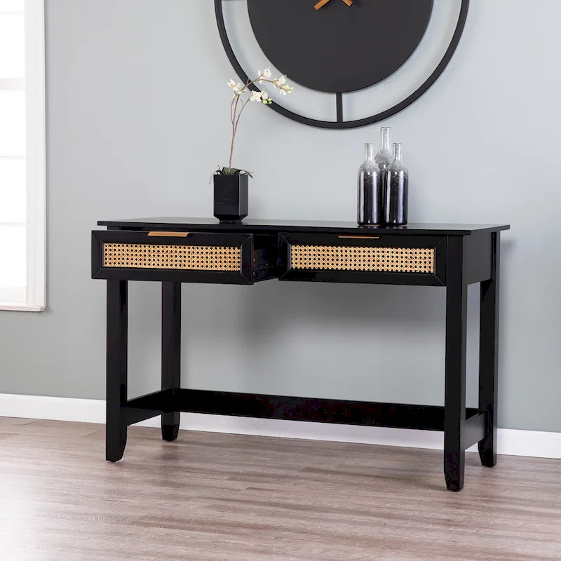 SEI Furniture Chekshire Mid-Century Modern Storage Console Table with Rattan Drawers