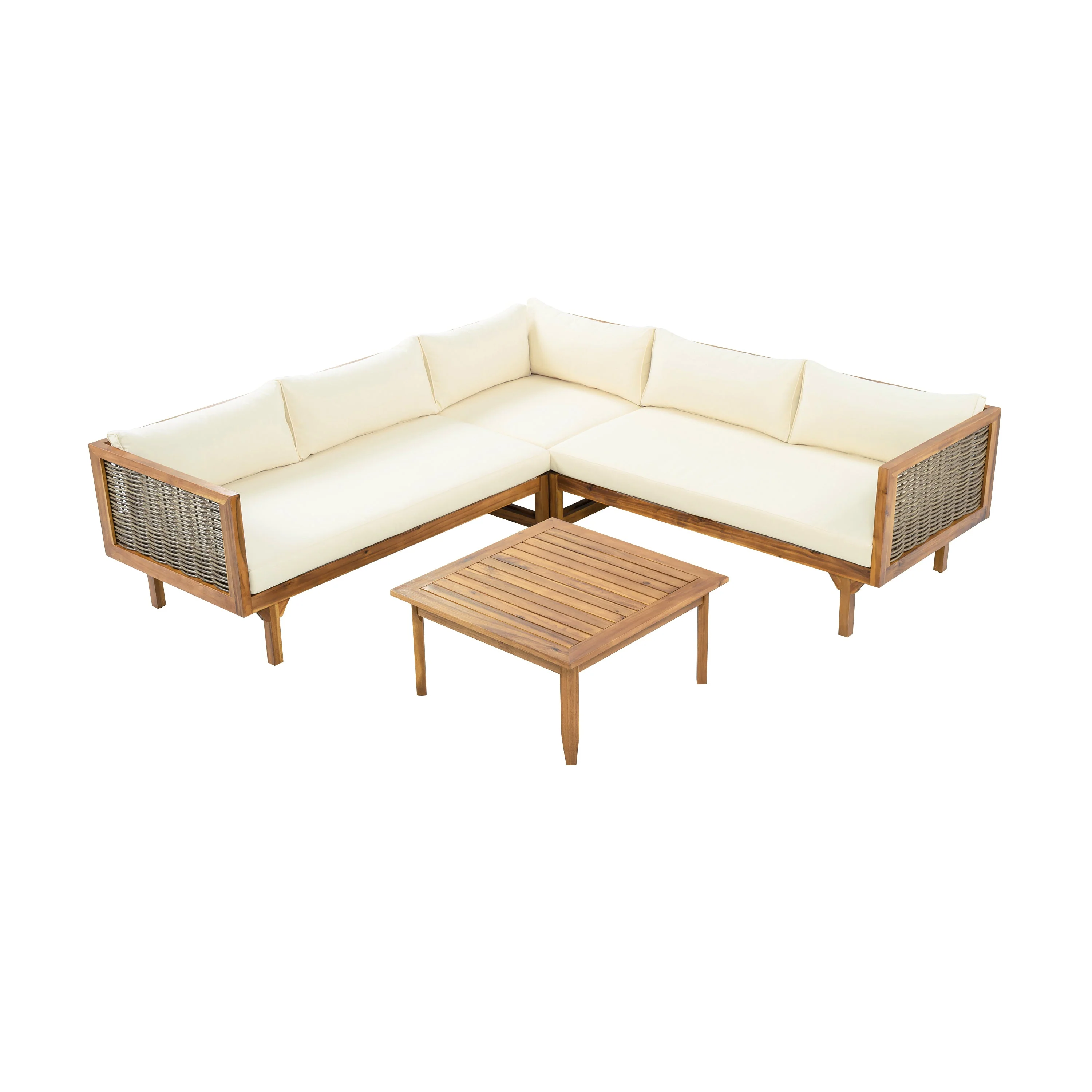 Walker Edison | Acacia Wood Sectional Sofa with Coffee Table