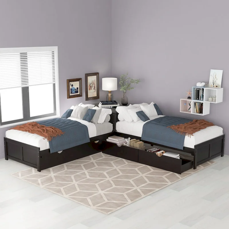 Gray&Espresso&White L-shaped Platform Bed with Trundle, Drawers, and Bedside Cabinets, Twin Size