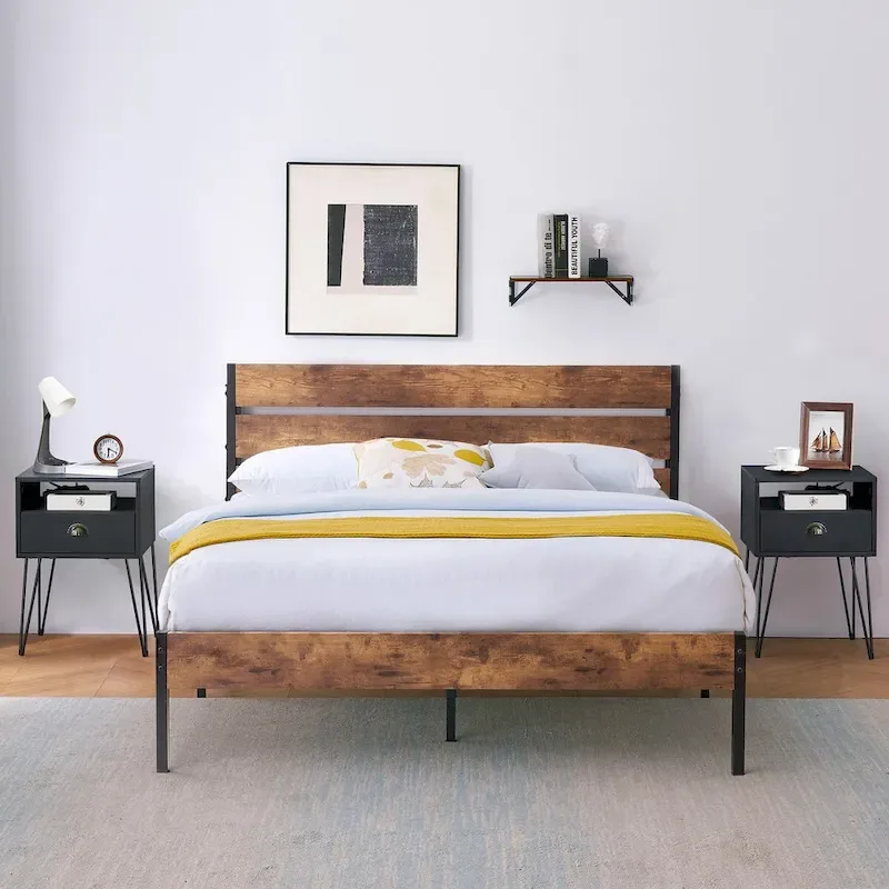 Taomika 3-Pieces Industrial Bed and Modern Square Nightstands Set