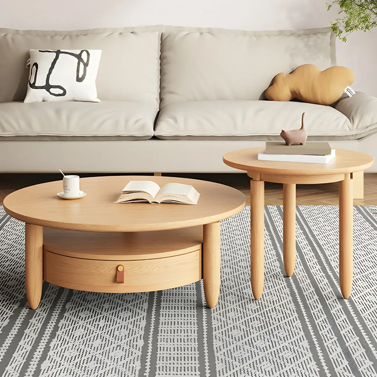 Brown Round Modern Wood Glass Drawer Coffee Table