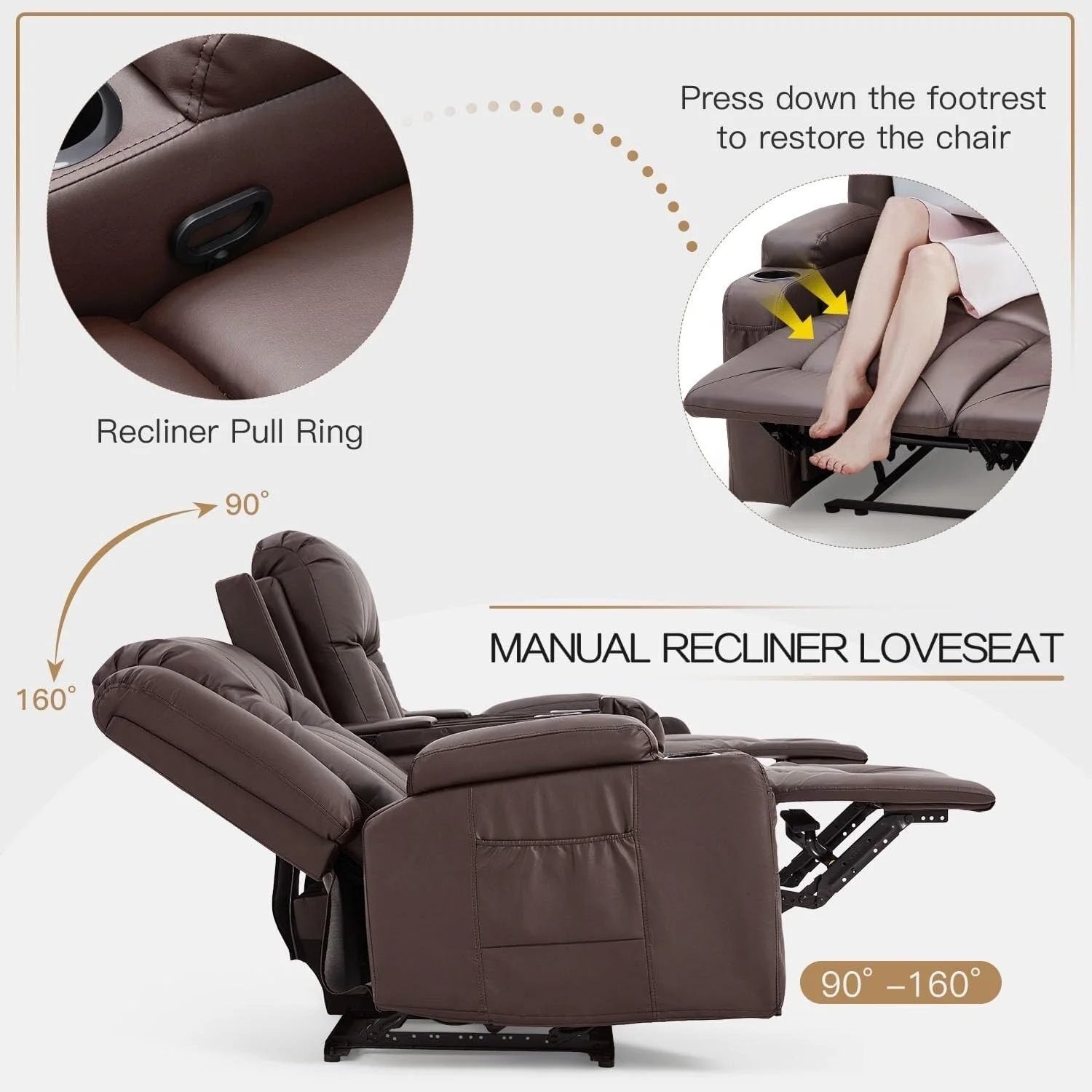 AECOJOY Recliner Sofa Manual RV Reclining Couch PU Home Theater Seating w/ Console