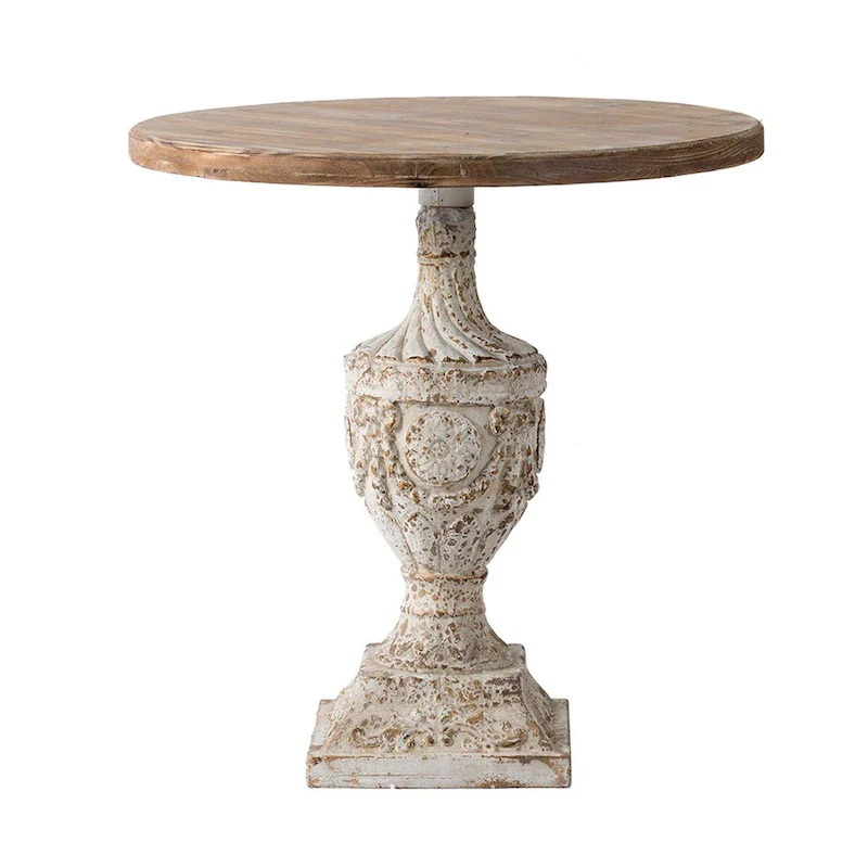 31 Inch Accent Side Table, Pedestal Urn Base, Round Top, Antique White