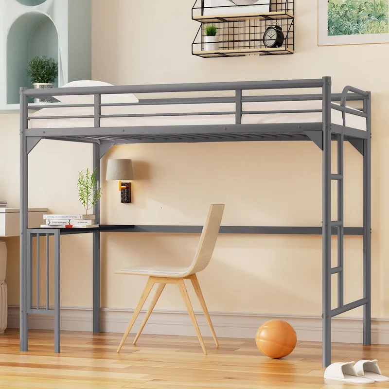 Twin Size Metal Loft Bed with Desk, Ladder, and Guardrails