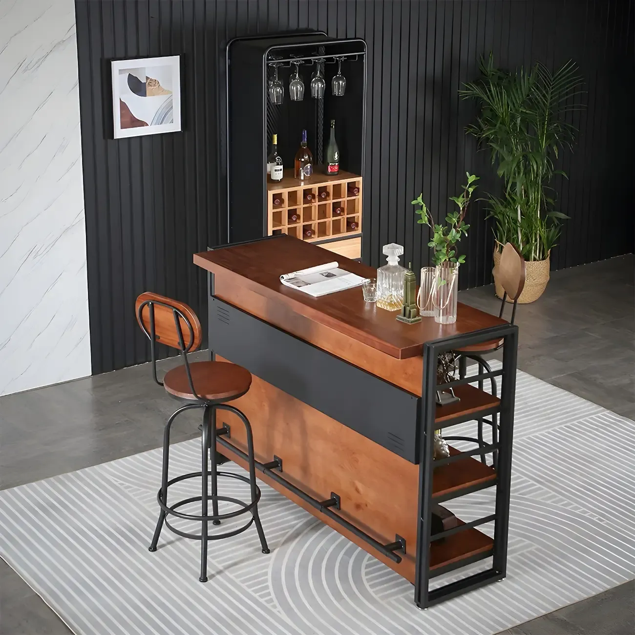 Industrial Brown Wooden Metal Shelf Storage Bar Tables