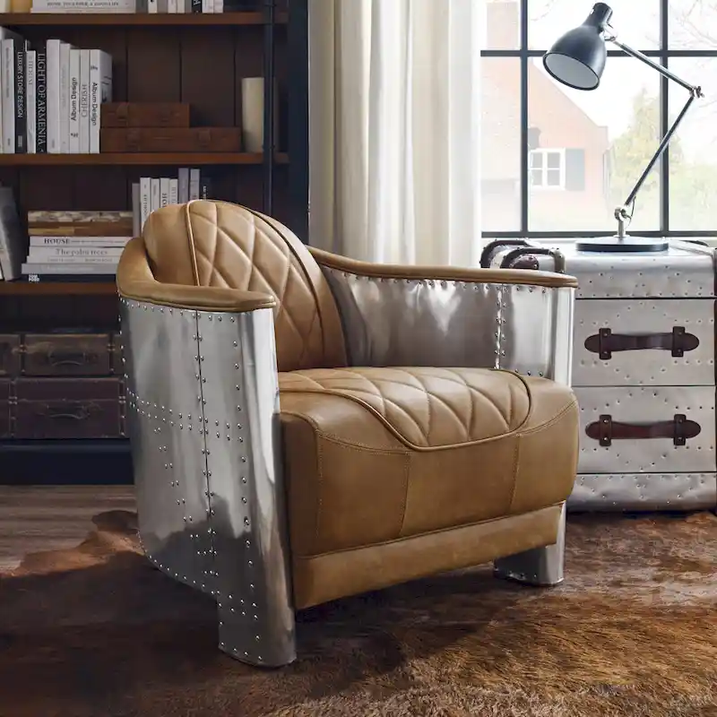 Art Leon IndustrIal Retro Top Grain Leather & Aluminum Accent Chair