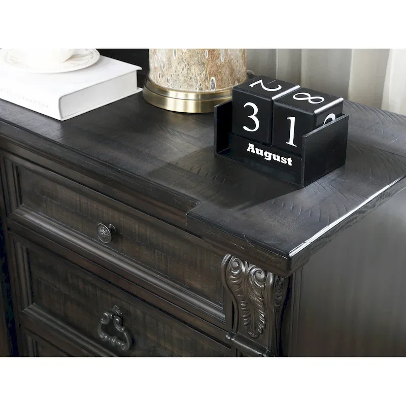 Distressed Dark Walnut Wood Panel Bedroom Set - 5 Pieces