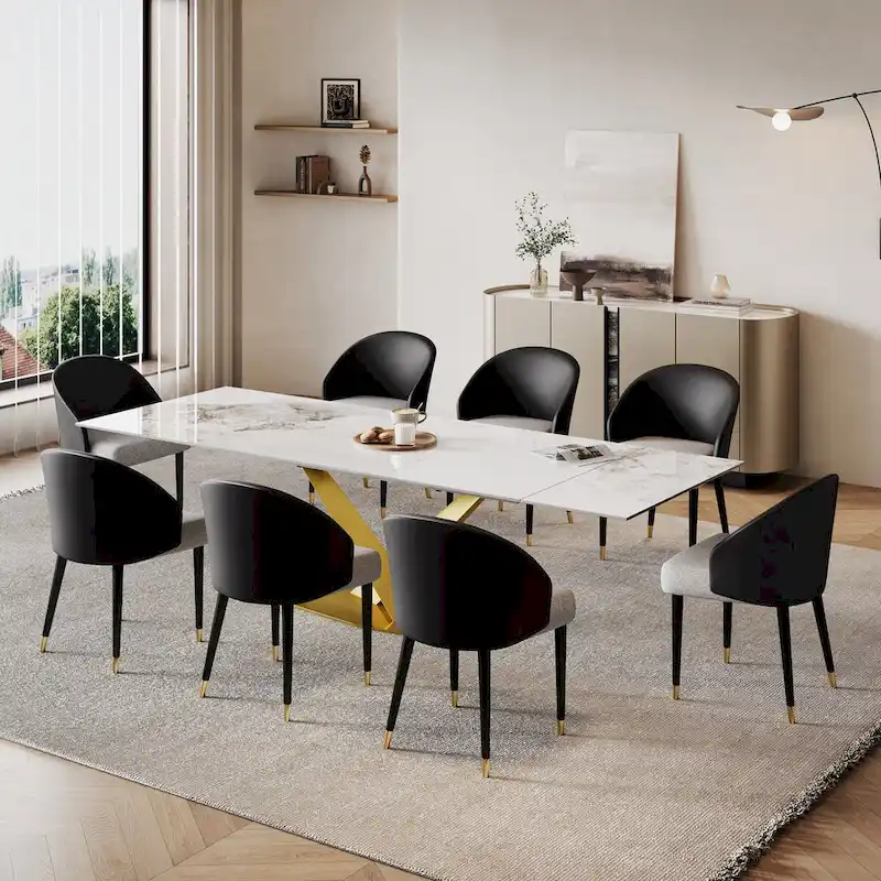 9 - Piece 94.48 Rectangular Extendable Sintered Stone Dining Table with 8 Faux leather Chairs Dining Set