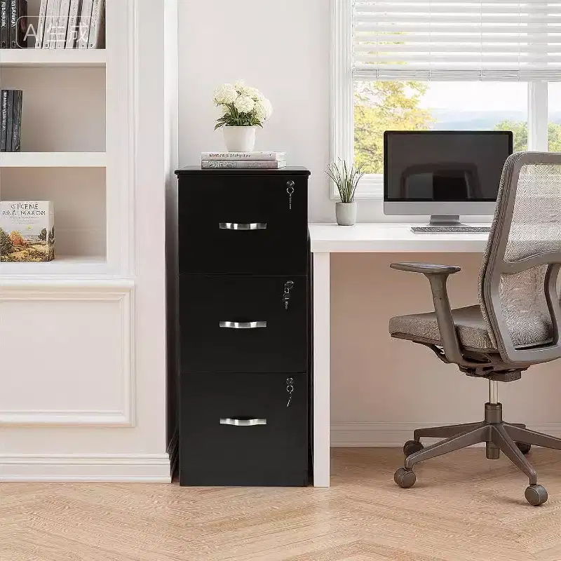 Black Lockable 3-Drawer Vertical File Cabinet for Home Office