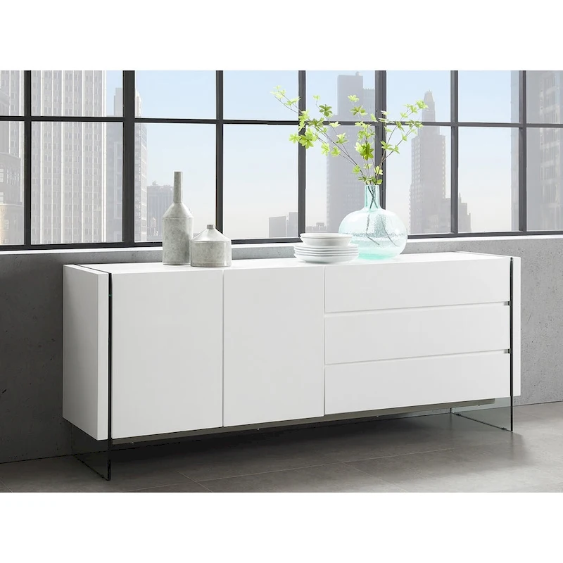 IL VETRO buffet-server in high gloss white lacquer with clear glass.