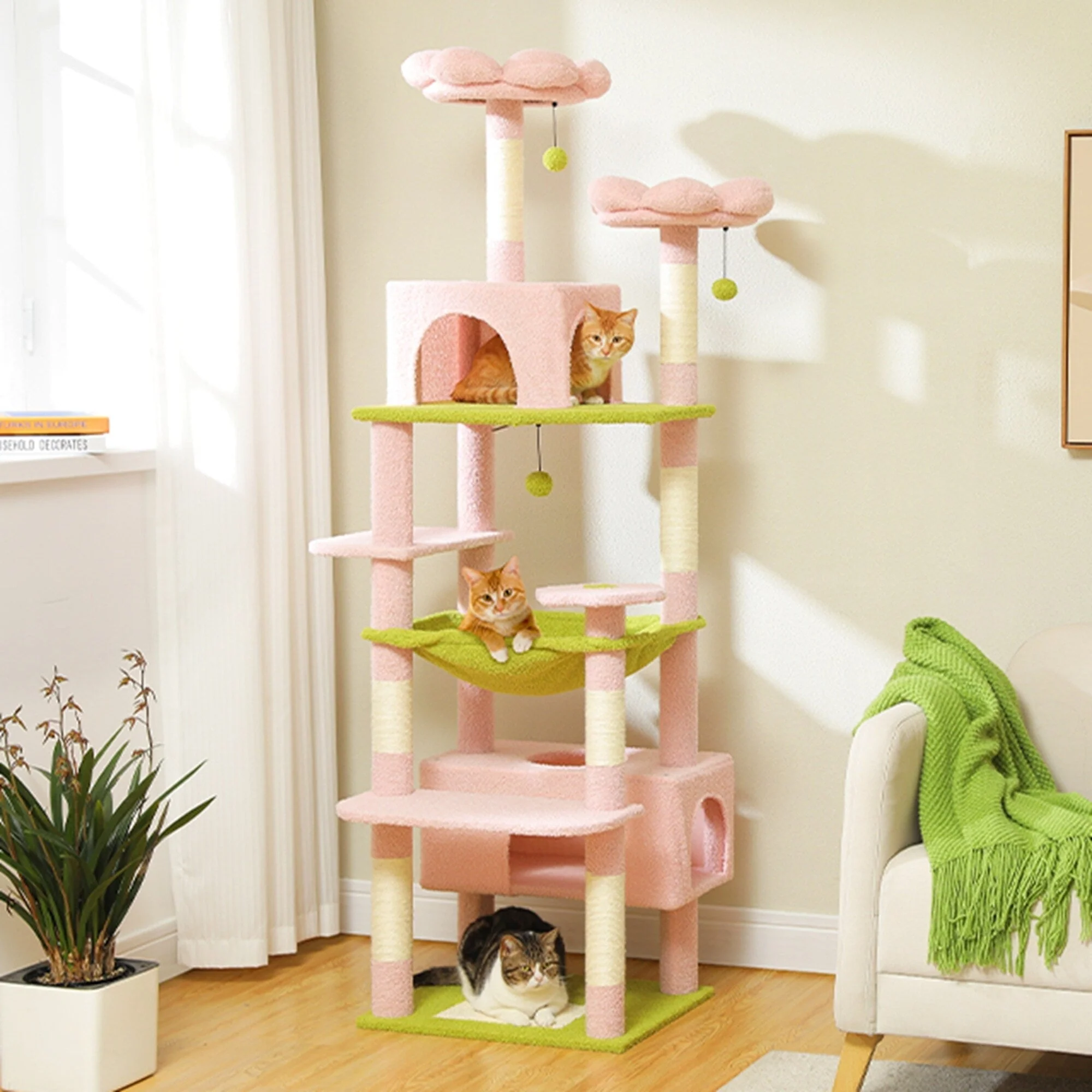 Large Cat Tower Cat Condo with Scratching Posts and Pads, 2 Padded Perch, Dual Condo and Basket