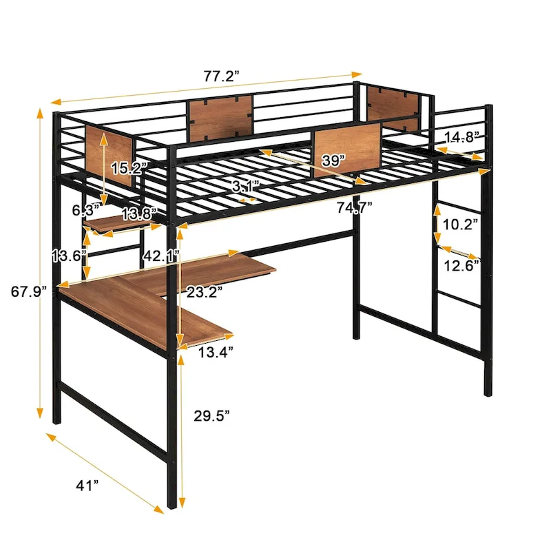 Metal Loft Bed with Desk & Shelves