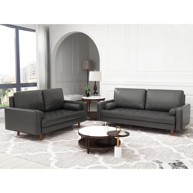 2 Piece Mid-Century Square Arm Leather Sofa Living Room Set - Sofa Width:70 &Loveseat Width:58
