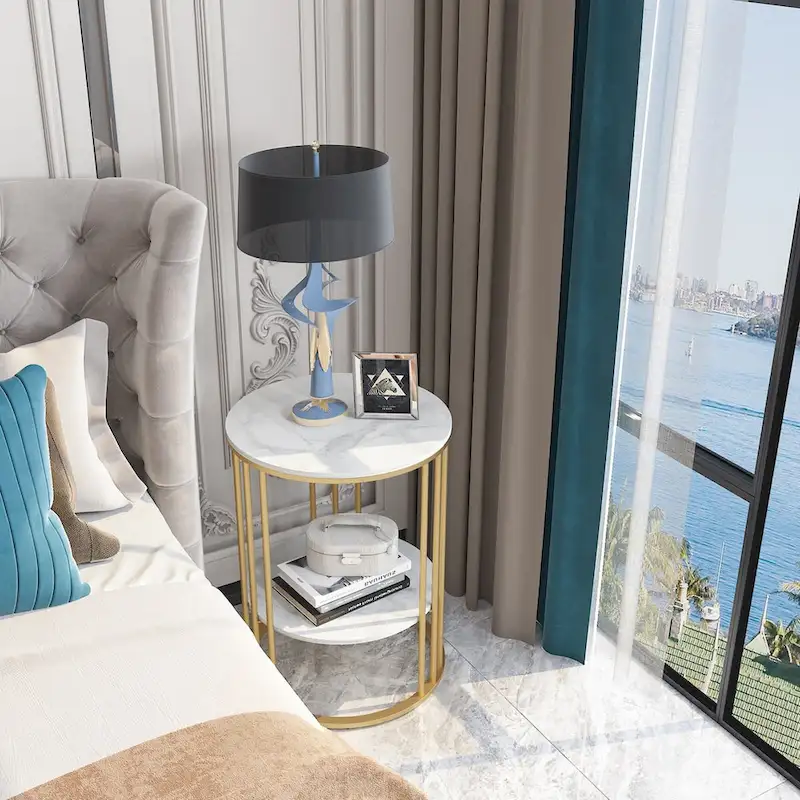 End Table 2-Tier Round Side Accent Table with Sintered Stone Tabletop - 15.7x15.7x21.3 inch